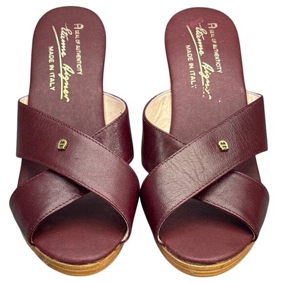 Etienne Aigner Vintage 70s Oxblood Leather Wooden Heel Mule Slide Women 6.5 - Picture 2 of 8